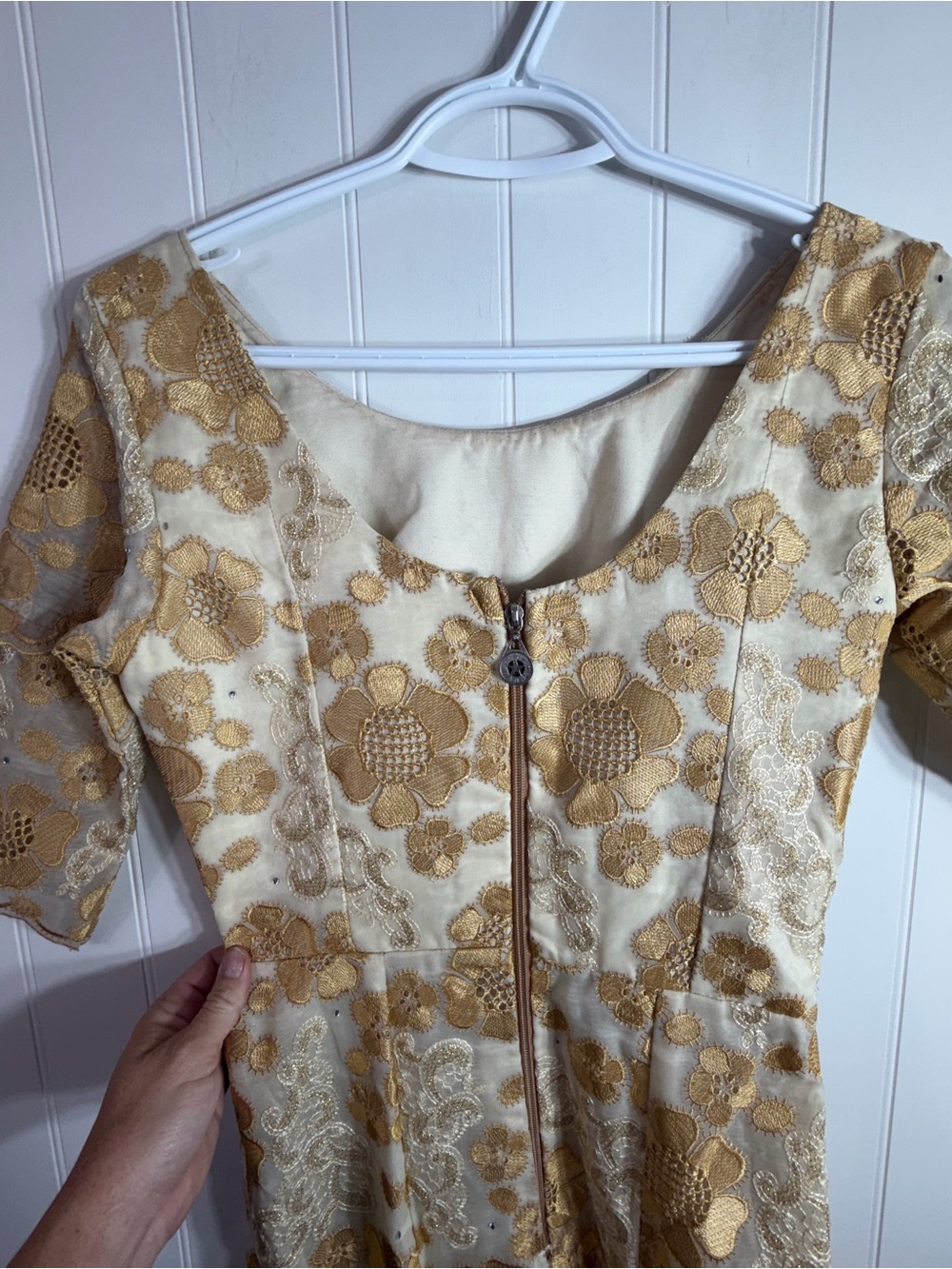 Vintage Gold Floral Embroidered Mermaid Maxi Dress Formal Gown Small Boho Glam - Picture 8 of 10